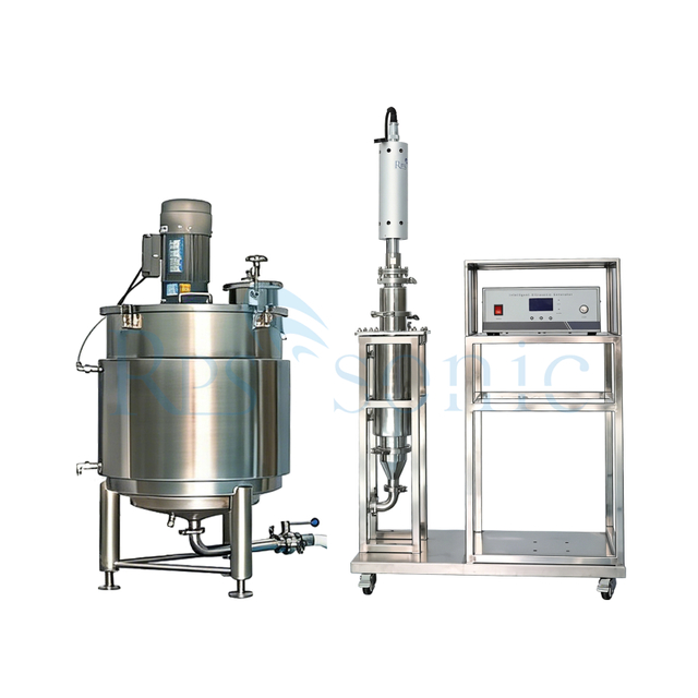 Macchina di prova per impianto pilota con omogeneizzatore ad ultrasuoni per serbatoio da 100 litri SS316 con cella di flusso per l'estrazione di polvere di erbe